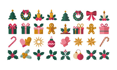 Holiday Icons Set Tree, Wreath, Gifts, and Ornaments Flat Vector Illustration, Set of Christmas hand-drawn elements. Cute holiday Xmas graphic icons. Wreath, Xmas tree, easily editable.