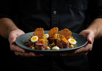 Chef presenting a gourmet dish on a plate
