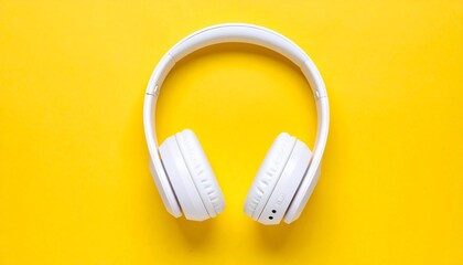 White headphones on bright yellow background