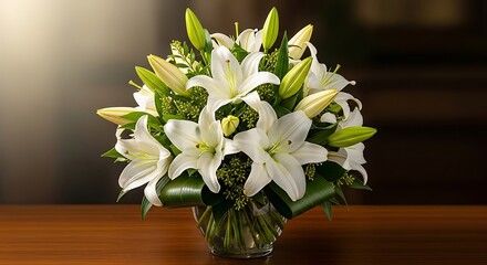 White lilies arrangement on a wooden table top