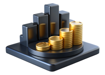 Black and gold coins with bar graph isolated on transparent background