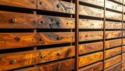 Ornate Wooden Drawer Array with Detailed Grains and Dark Patches Under Bright Light