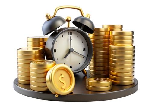 Stacks of coins with a clock isolated on transparent background, time is money concept