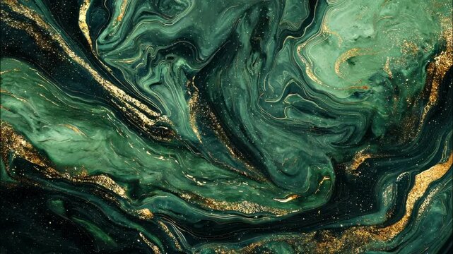 Luxury dark abstract background with deep emerald green and black tones, metallic gold accents, swirling fluid textures, rich and dramatic atmosphere for high-end branding.
