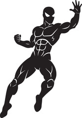 Dynamic silhouette of a muscular superhero in a powerful action pose against a white background