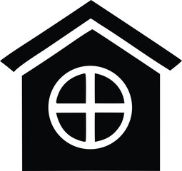 Simple black and white house icon with circular window symbolizing home and shelter