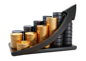 Stack of coins with arrow isolated on transparent background shows growth