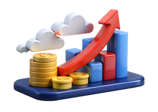 Rising bar graph with arrow isolated on transparent background shows growth