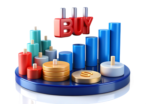 Buy text on top of colorful bar graph isolated on transparent background