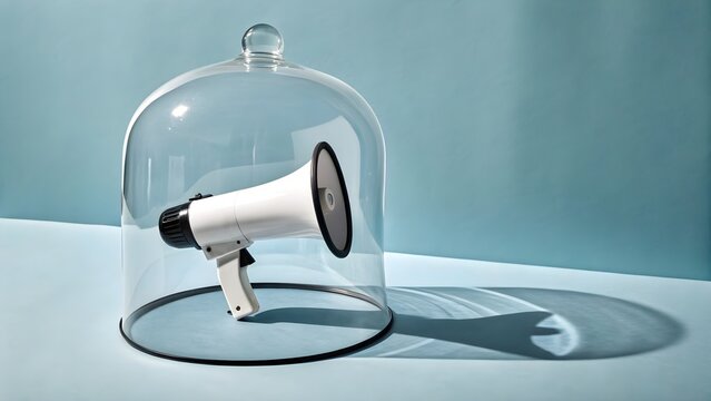 Silenced megaphone under glass dome representing censorship, blocked communication, freedom of speech, and human rights