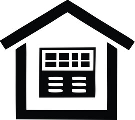 Simple black and white house icon with grid window symbolizing home ownership and real estate services simple and modern.