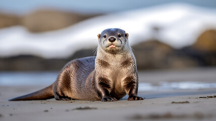 River Otter on Snowy Shore Adorable Wildlife Nature Background
