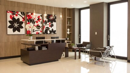 Elegant reception area in a modern office building interior.