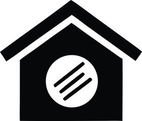 Simple black silhouette of a house icon with a circular opening featuring three parallel lines representing a window or vent