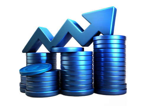Blue coins and arrow isolated on transparent background showing financial growth - Powered by Adobe