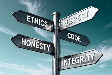 A metal signpost displaying directional arrows marked with values such as ethics, respect, honesty, and integrity against a clear blue sky.