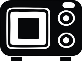 Simple black and white icon of a microwave oven with control knobs and a viewing window for kitchen or cooking related designs