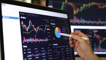 Financial analysis on computer screen with charts and graphs.