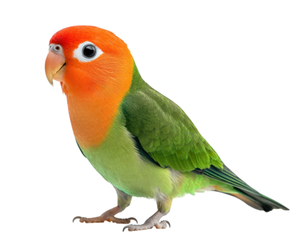 A vibrant peachfaced lovebird, isolated on transparent background, showcases its stunning orange head and green body, creating a captivating avian portrait