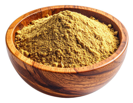 A transparent PNG of ground cumin spice in a wooden bowl, a vibrant and essential cooking ingredient.