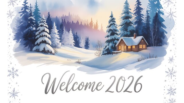 Welcome 2026 winter landscape with cozy cabin scene