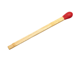 A wooden matchstick with a red head, lying flat and isolated on a white background.
