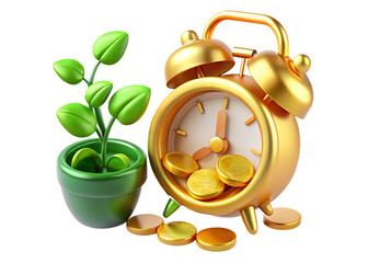 Golden alarm clock with coins and a plant isolated on transparent background