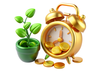 Golden alarm clock with coins and a plant isolated on transparent background