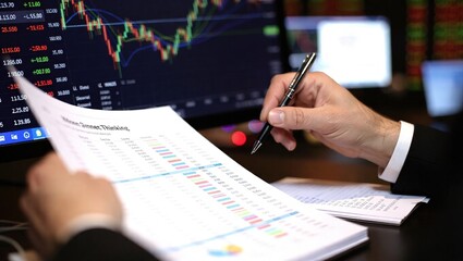Financial Analyst Reviewing Stock Market Data on Screen.