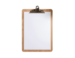 A wooden clipboard with a blank sheet of paper.