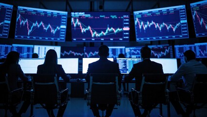 Financial Analysts Monitoring Stock Market Trends in a High-Tech Trading Room.