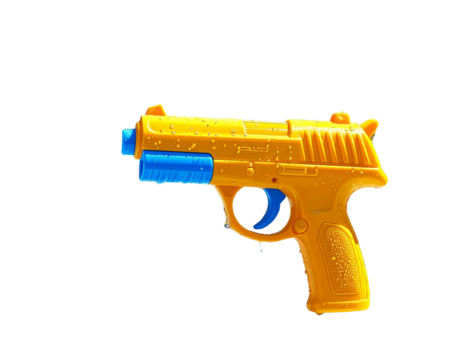 A vibrant yellow water gun toy shooting a stream of blue water droplets, perfect for summer fun and outdoor play.