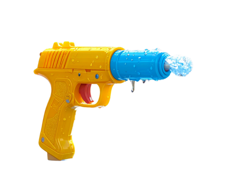 A vibrant yellow water gun toy shooting a stream of blue water droplets, perfect for summer fun and outdoor play.