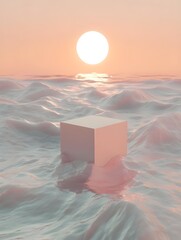 minimalist geometric cube on flowing waves at sunrise with soft peach sky for abstract digital background