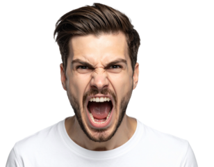 The intense face of an angry man, captured mid-scream or shout on a transparent background.