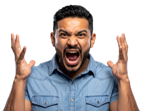 The intense face of an angry man, captured mid-scream or shout on a transparent background.