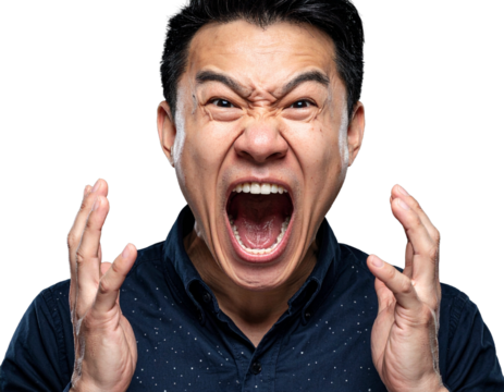 The intense face of an angry man, captured mid-scream or shout on a transparent background.