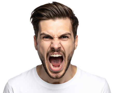 The intense face of an angry man, captured mid-scream or shout on a transparent background.