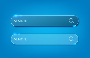 Vector icon illustration. Set of neon search bar icons in different shapes, ui elements isolated on dark background.