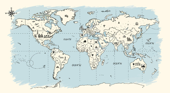Whimsical hand drawn world map illustration featuring iconic landmarks and travel icons for global exploration and education