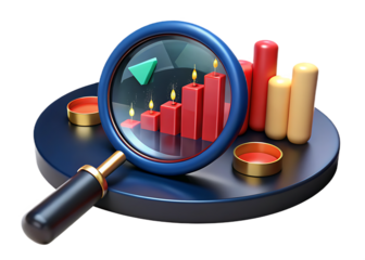 Candle chart analysis with magnifying glass isolated on transparent background