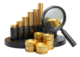 Coin stack analysis with magnifying glass isolated on transparent background