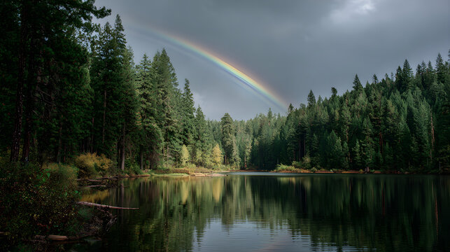 Forest lake with rainbow - Powered by Adobe