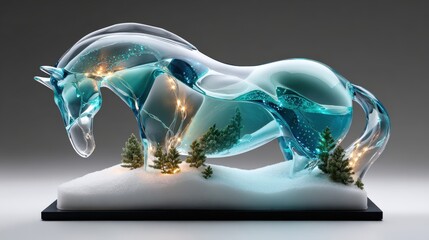Elegant glass horse sculpture illuminated with lights in a winter forest scene