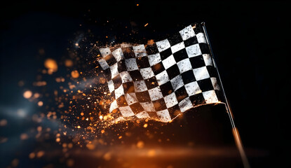 Dynamic racing flag with sparks, symbolizing victory and adrenaline in motorsport.