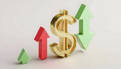 Golden dollar symbol with arrows indicating financial growth and market trends.