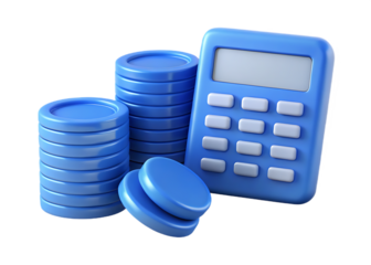 Blue calculator and coins isolated on transparent background, financial planning