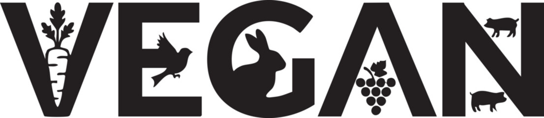 “VEGAN” Word Art with Plant & Animal Silhouettes – Minimal Black-and-White Logo