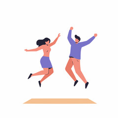 Happy couple jumping in excitement on a light-colored surface  