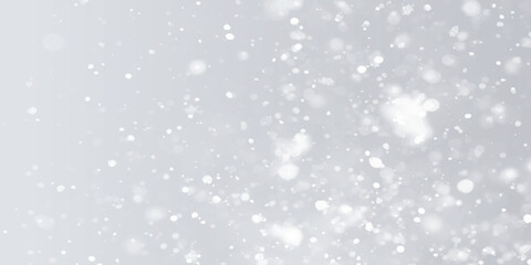 Silver Sparkling Lights Festive background with various falling snows, Silver and white snow confetti sparkles, Abstract sparkles grey and white bokeh lights and stars with various particles.